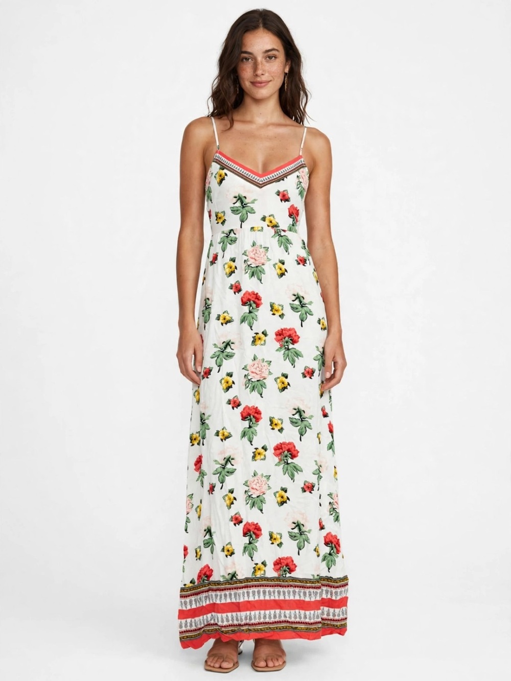H&M White Floral Maxi Slip Dress with Red & Yellow Blooms